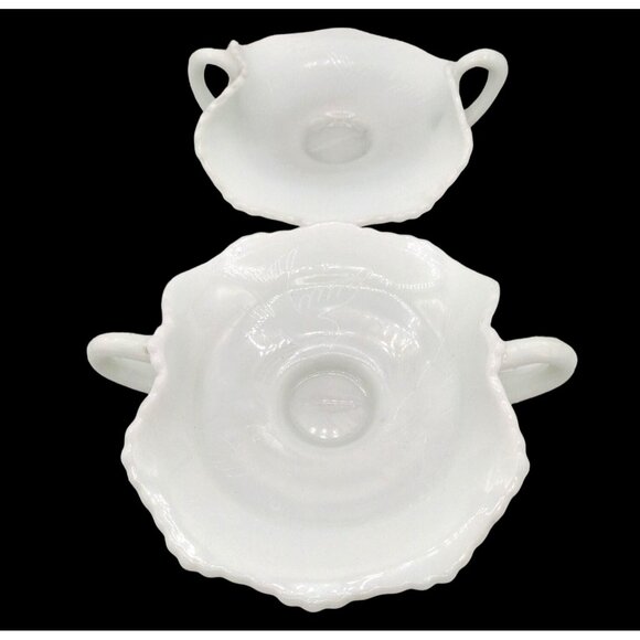 Candy Tray Hobnail Milk Glass Ruffle Trim Custard Dish Dove Detail Vintage Pair - Picture 5 of 13